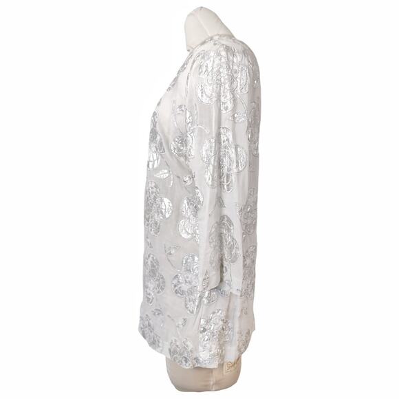 TORY BURCH White Cotton Tunic Metallic Silver Floral Embroidery Top Size L Clean - Picture 4 of 9